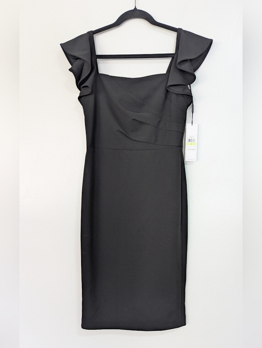 NWT Calvin Klein Black Square Neck Ruffle Sleeve Sheath Dress Size 4